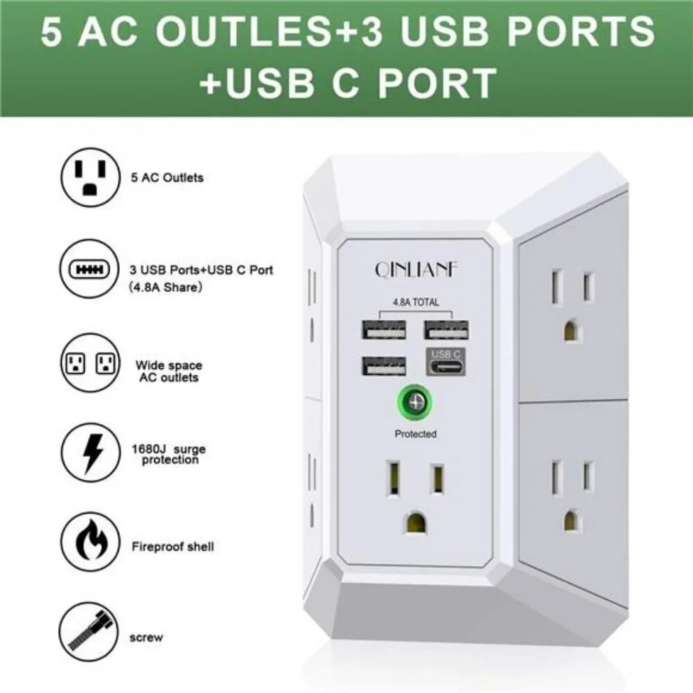 Wall Charger Surge Protector 5 Outlet Extender with 4 USB Charging Ports 3-Sided
